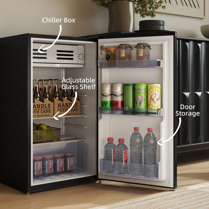 Under Counter Fridge, 85L Small Retro Refrigerator with Chiller Box, Adjustable Thermostat, Glass Shelves, Black