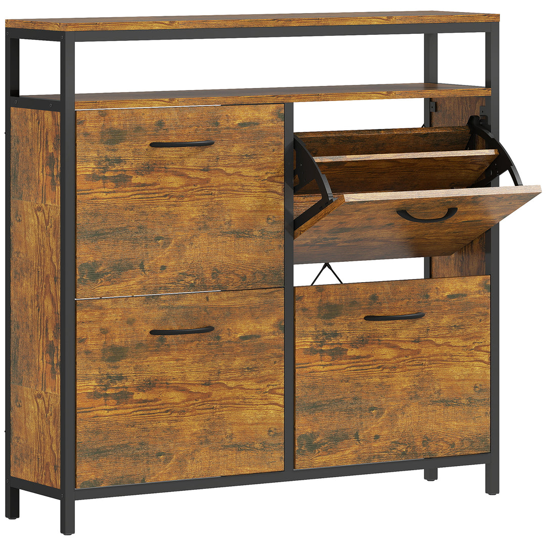 Shoe Storage Cabinet with 4 Flip Drawers and Open Shelf - Rustic Brown