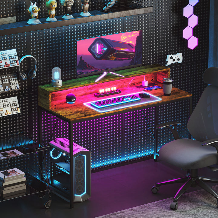 120cm Computer Desk with LED Lights and Power Outlets, Gaming Desk with Monitor Stand, Computer Table with Remote for Home Office Study, Rustic Brown