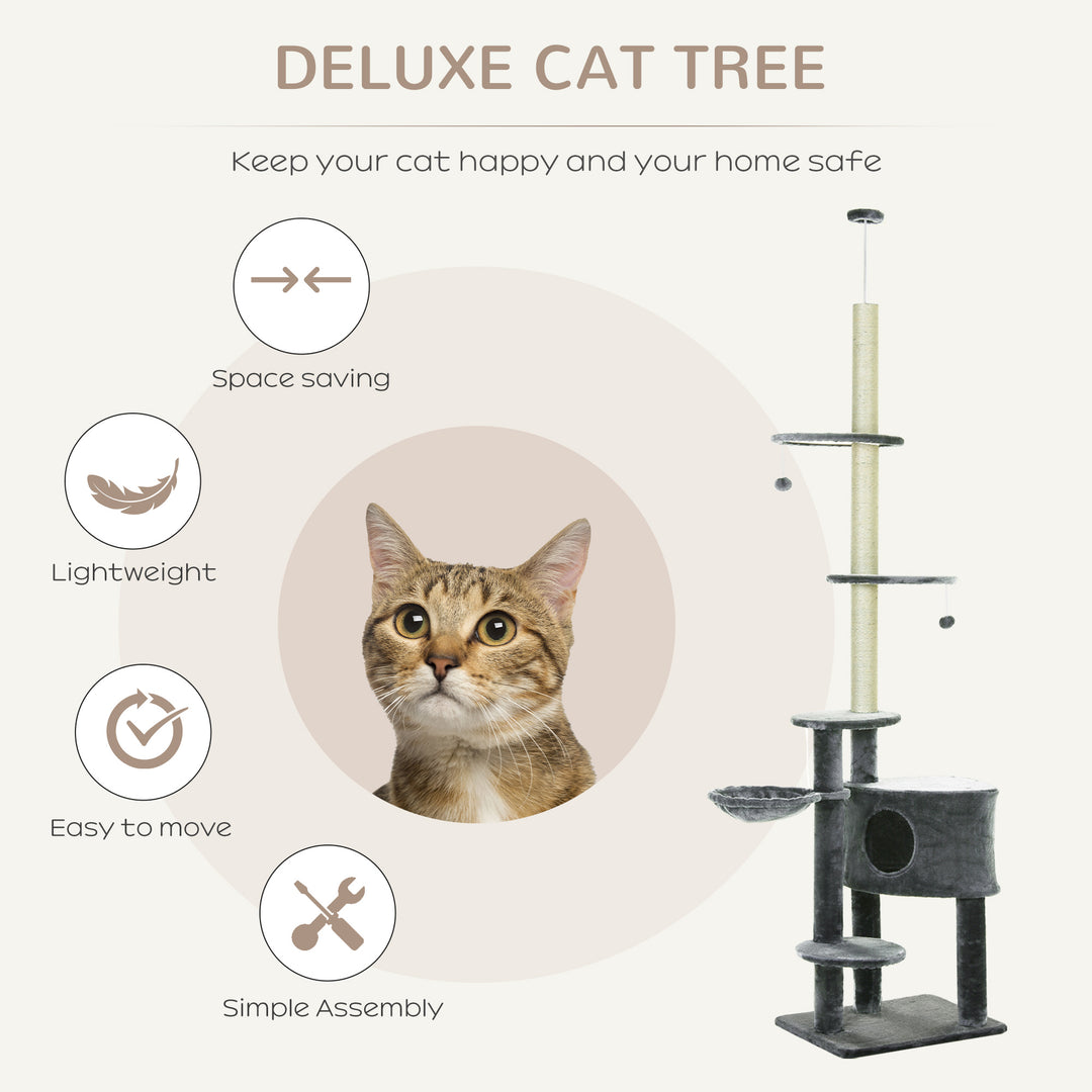 MCL Floor to Ceiling Cat Tree for Indoor Cats Play Tower Climbing Activity Center Scratching Post Platforms Condo Adjustable Height 220-265cm Dark Grey
