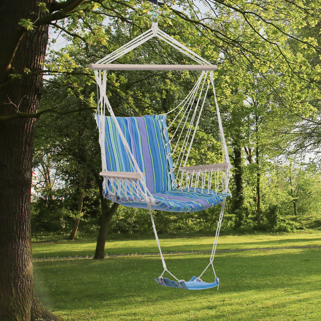 MCL Hanging Rope Chair with Soft Padded Seat & Backrest, Portable Garden Hammoc Chair with Wooden Support Bar, Armrests, Cotton Cloth, Footrest, for Patio & Tree, Blue