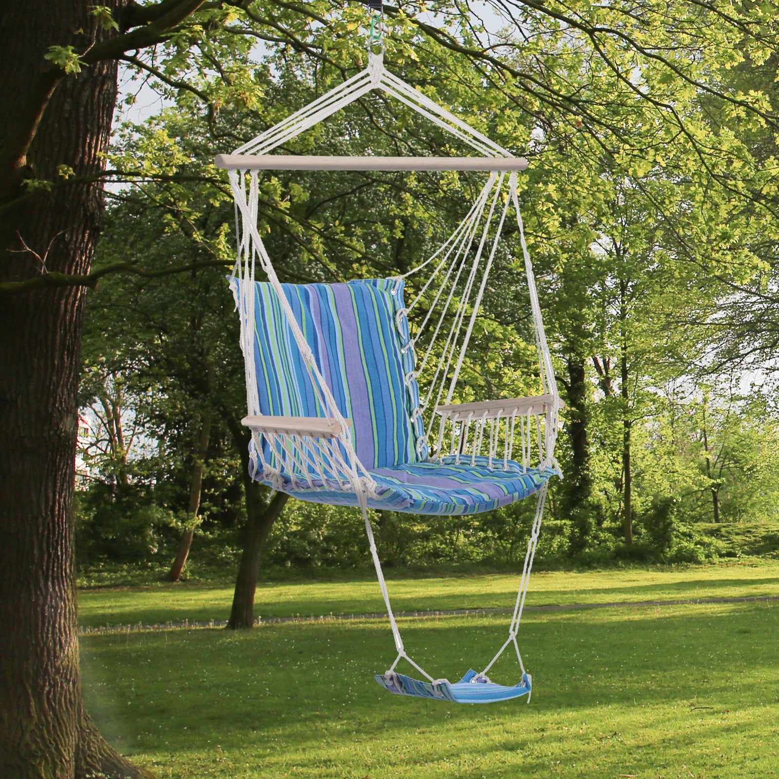 Hanging Rope Chair with Soft Padded Seat & Backrest, Portable Garden Hammoc Chair with Wooden Support Bar, Armrests, Cotton Cloth, Footrest, for Patio & Tree, Blue