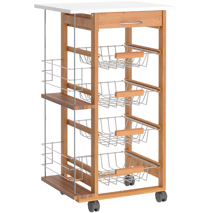 MCL Rolling Kitchen Cart, Utility Storage Cart with 4 Basket Drawers & Side Racks, Wheels for Dining Room, Brown