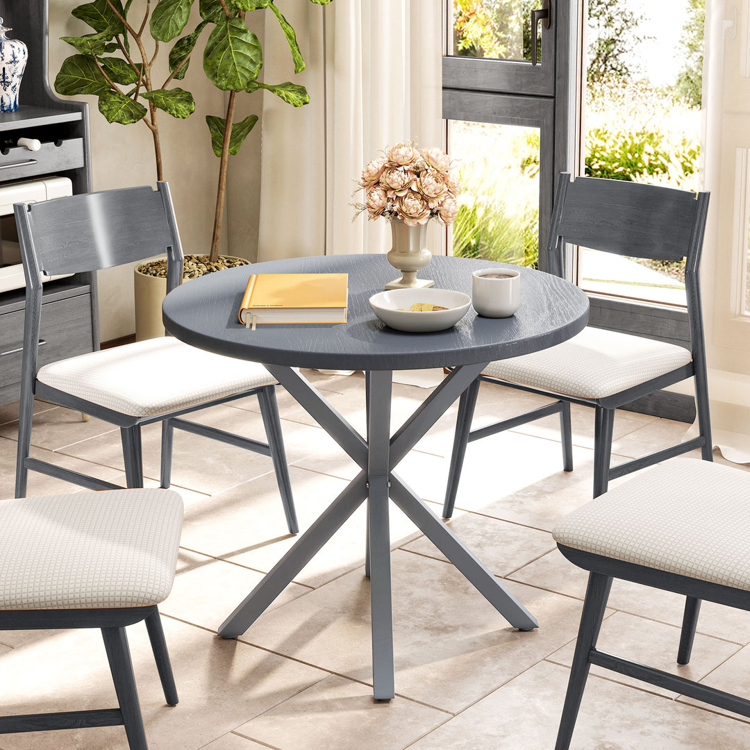 Garden Table, 85cm Round Outdoor Dining Table with Steel Frame, Wood Effect Top, for Balcony, Deck, Dark Grey