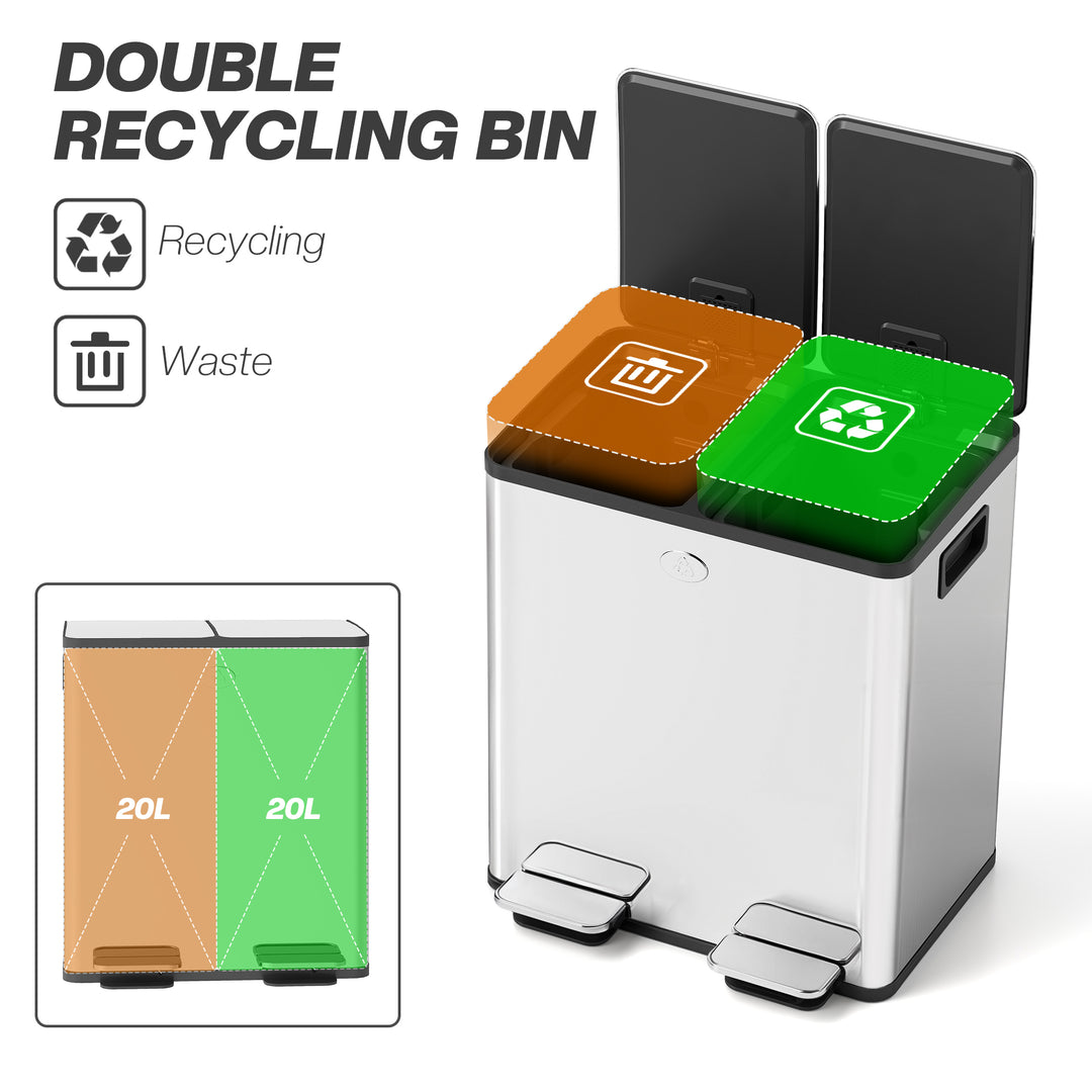 40L Dual Compartment Stainless Steel Bin, with Deodoriser Holders - Silver Tone