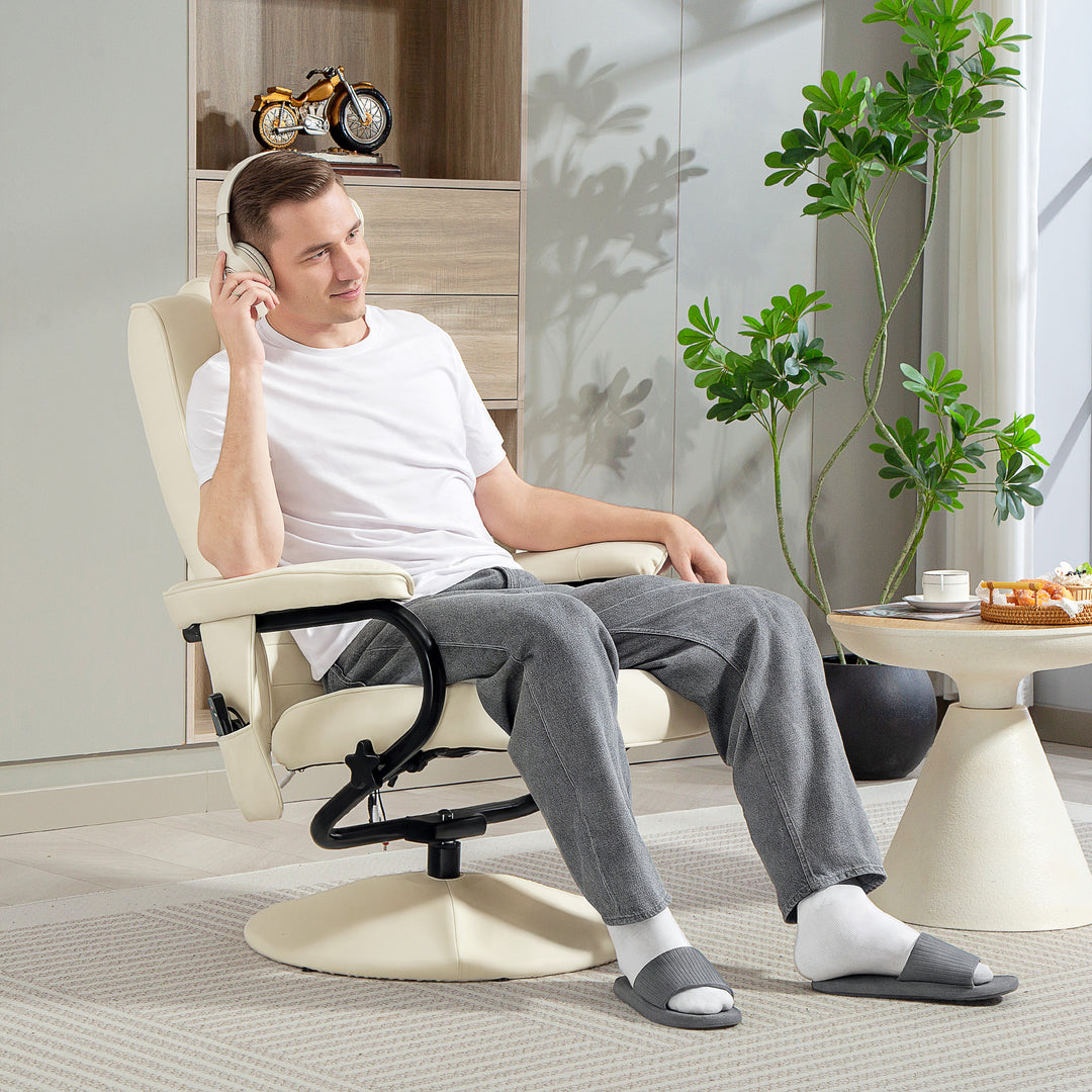 Swivel Recliner Chair and Footstool, Faux Leather Massage Recliner Armchair with Remote Control and Round Wrapped Base, Cream White