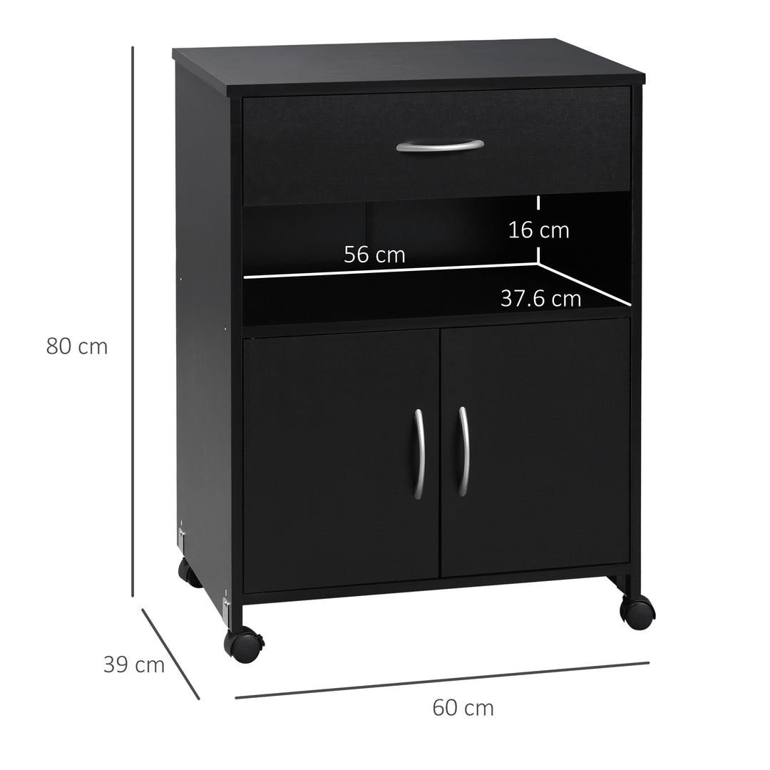 Printer Stand Mobile Printer Cabinet with Storage, Open Shelf, Drawer for Home Office, 60cm x 39cm x 80cm, Black