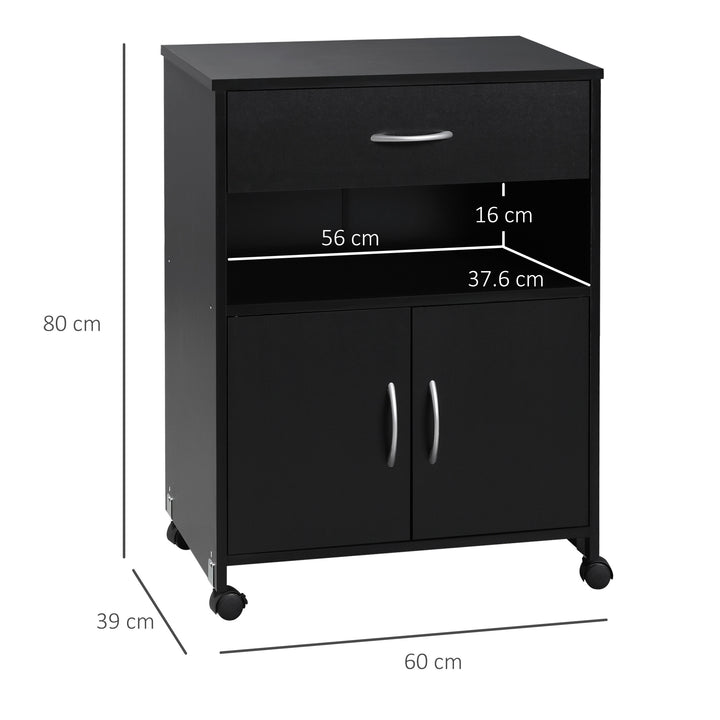 Printer Stand Mobile Printer Cabinet with Storage, Open Shelf, Drawer for Home Office, 60cm x 39cm x 80cm, Black