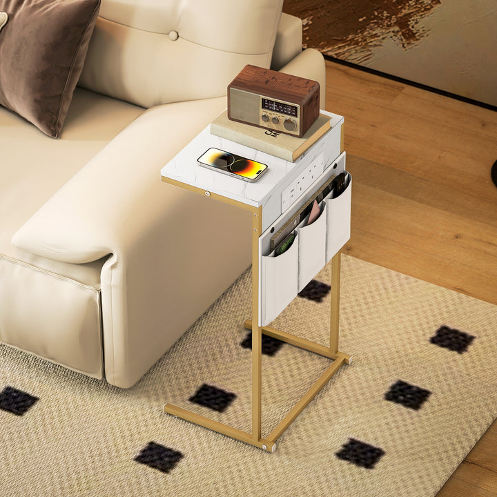 C-Shaped Bedside Table with Charging Station, Marble Grain Side Table with Power Outlets & USB Ports, Storage Bags, for Bedroom, Living Room, White