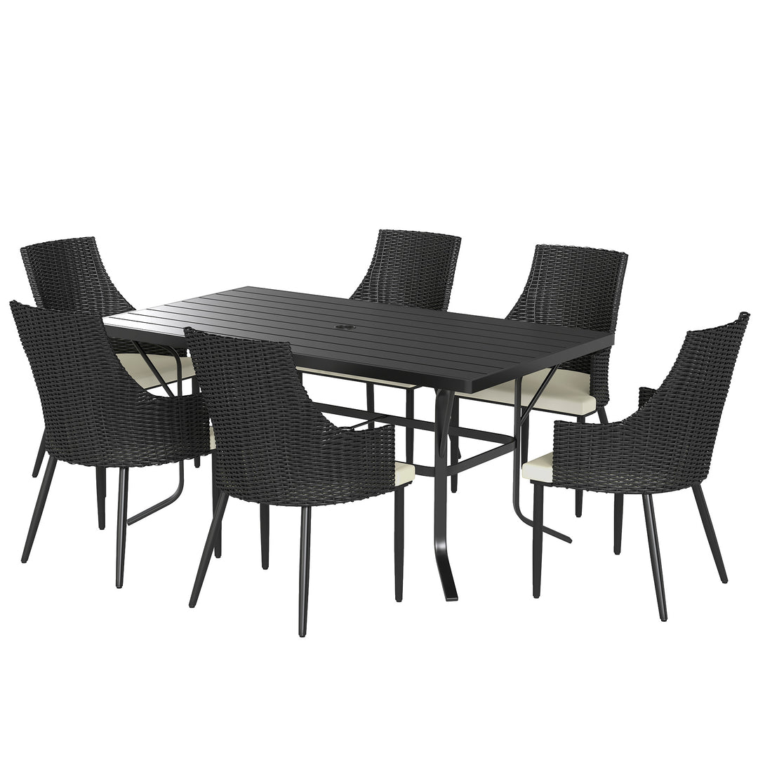 6 Seater Rattan Dining Set with Cushions, Garden Furniture Set with Armchairs, Rectangle Slatted Table Top, Steel Frame, Parasol Hole, Wicker Outdoor Furniture for Patio, Balcony, Cream White