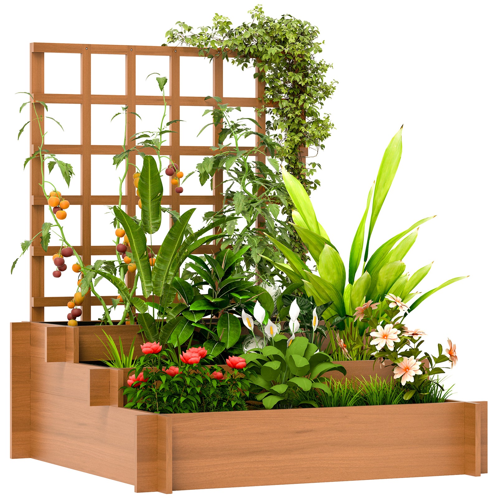 3 Tier Garden Planters with Trellis for Vine Climbing, Wooden Raised Beds, 95x95x110cm, Brown