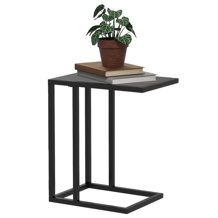 C Shape Bedside Table w/Metal Frame Marble-Effect Top Sofa Narrow Snack End Table for Living Room, Black