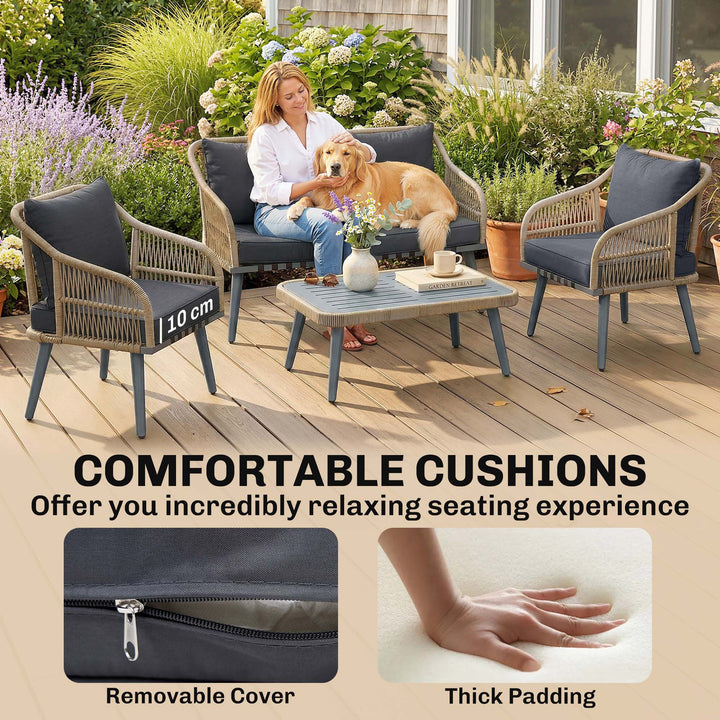 4 Piece Rattan Garden Furniture Set with Loveseat, Wicker Patio Conver