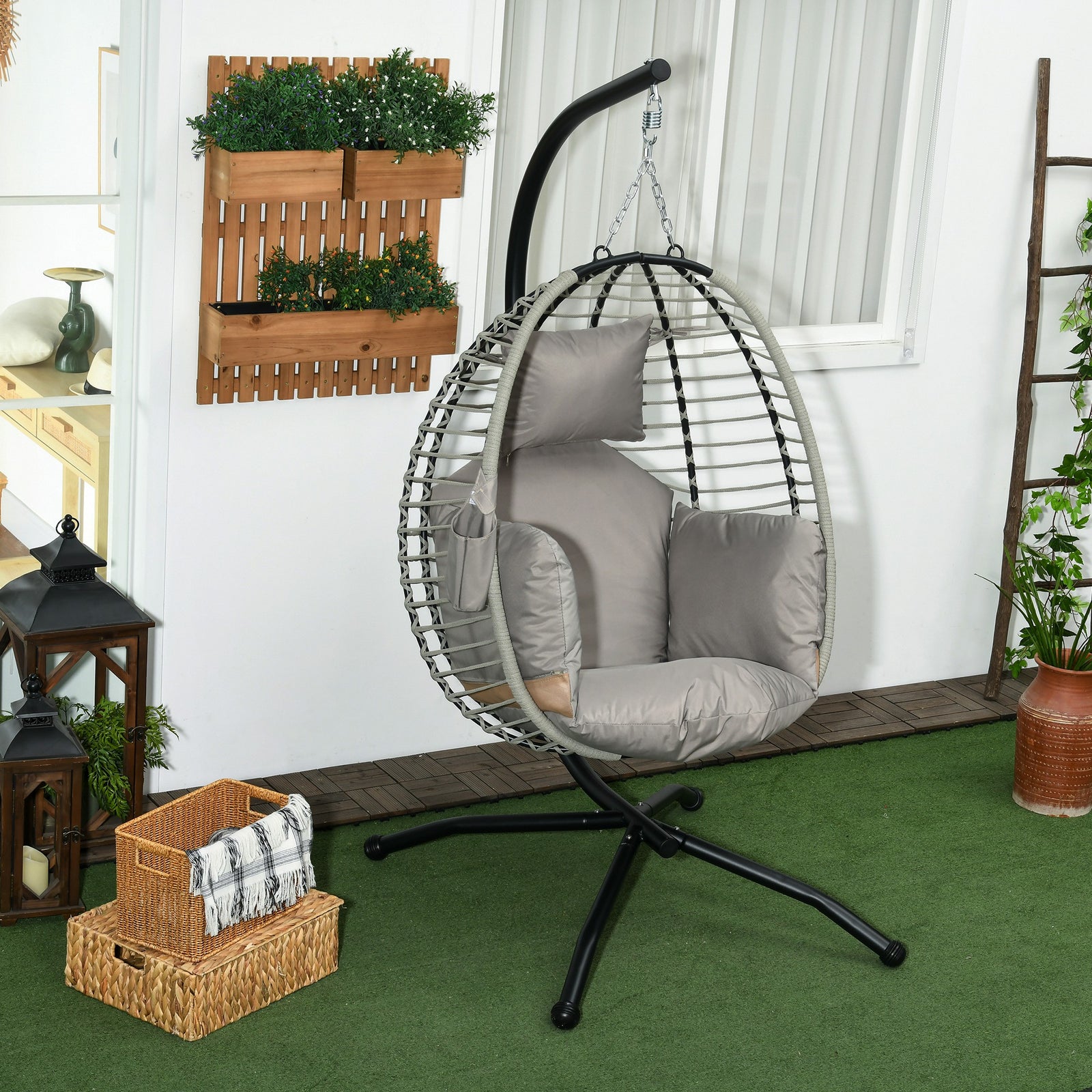 Single Rattan Hanging Egg Chair, with Seat Cushion - Grey
