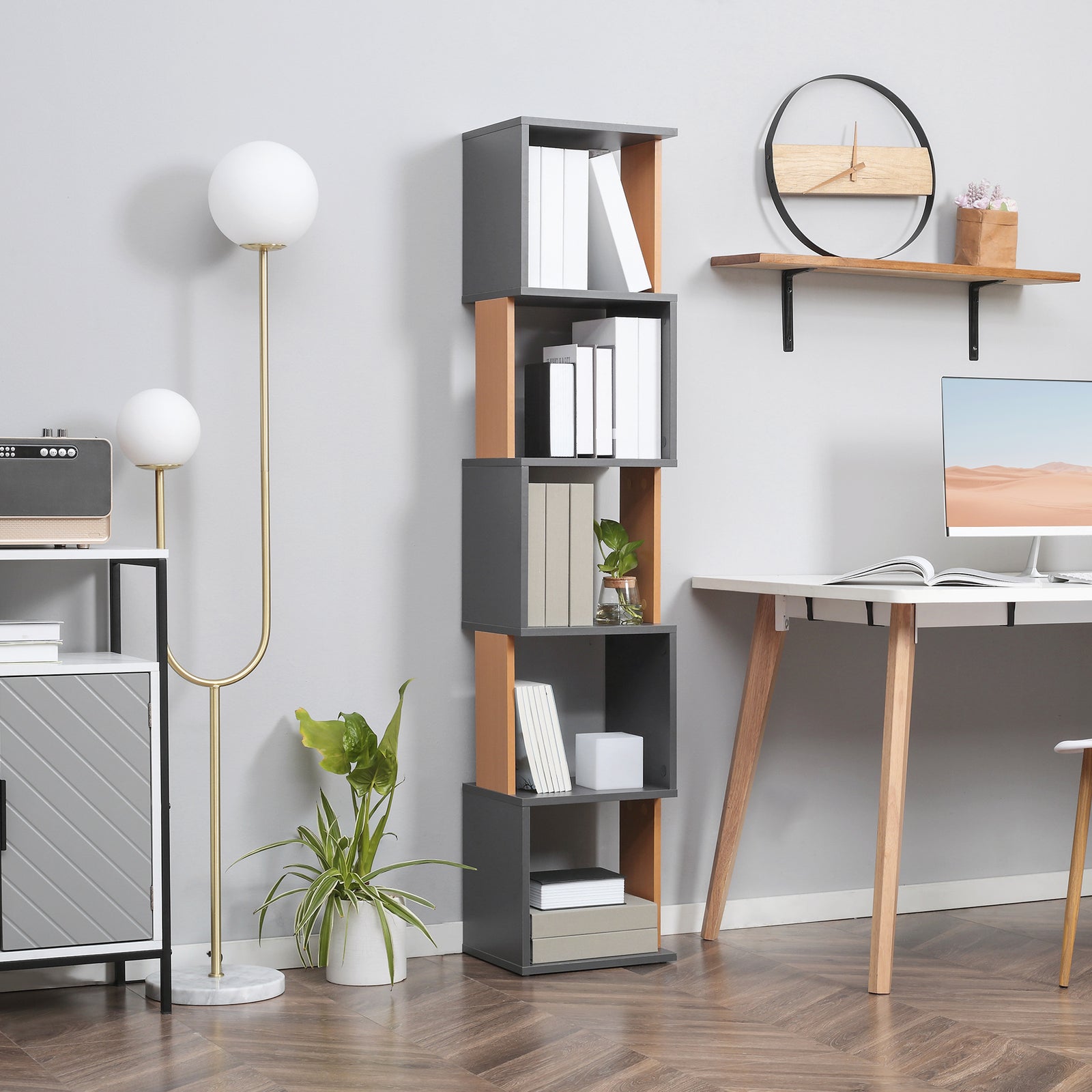 Modern 5-Tier Bookshelf, Freestanding Bookcase Storage Shelving for Living Room Home Office Study, Brown and Dark Grey