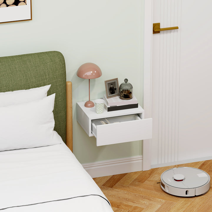 Floating Bedside Table, Wall-Mounted Nightstand with Storage Drawer, Small Side End Table for Bedroom, White
