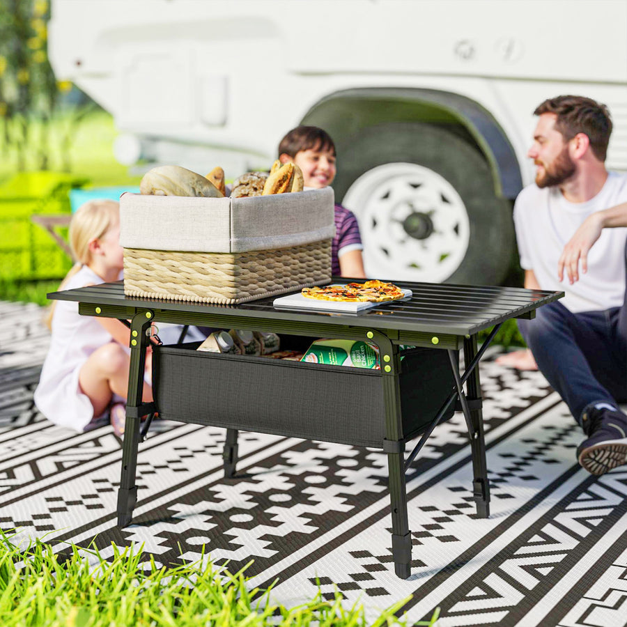 Folding Camping Table, 90 x 55 cm Height Adjustable Portable Collapsible Table, 3ft Lightweight Aluminium Rollup Picnic Table with Storage Basket for Outdoor Garden Party BBQ, Black