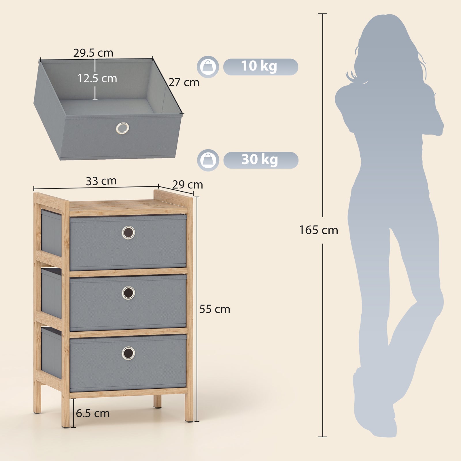 Chest of Drawers, 3 Fabric Drawers Narrow Dresser with Bamboo Frame, L