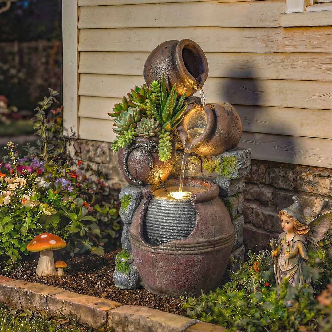 Outdoor Fountain with 4-Tier Rustic Pots &amp; Planter, Garden Fountain wi