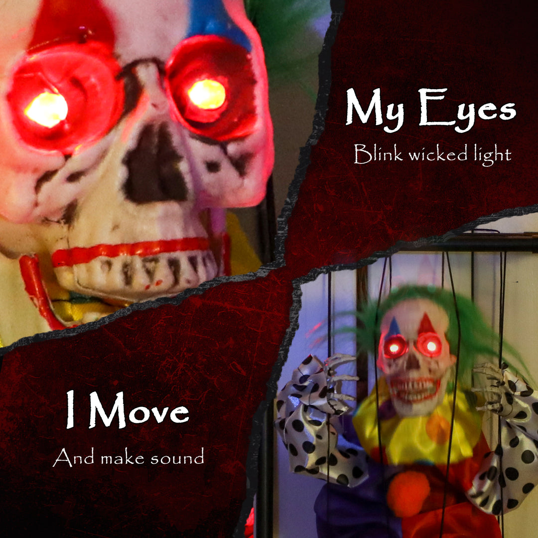 Outsunny Halloween Animated Hinging Clown in Cage with Glowing LED Eyes, Spooky Clown Scary Halloween Decorations, Battery Operated, Indoor Party Props