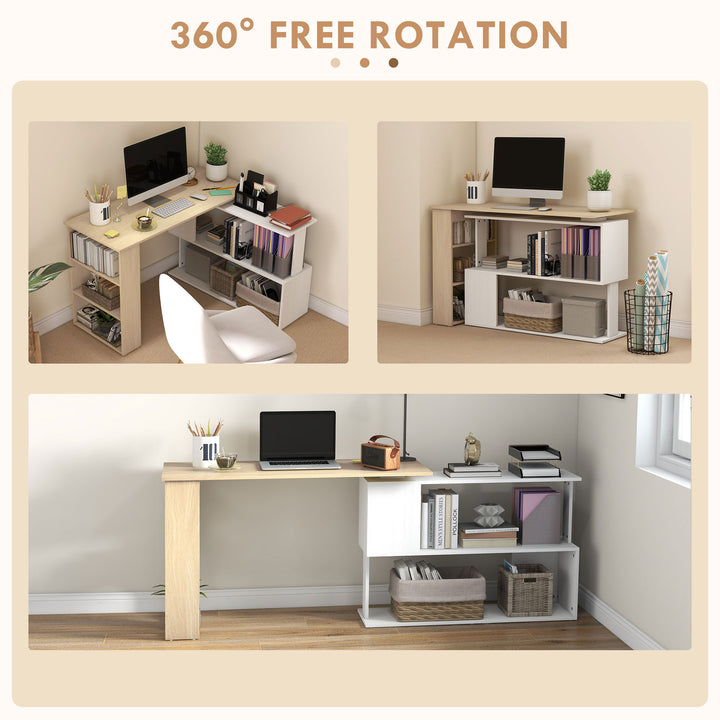 Corner Computer Desk, L Shaped Desk with 360° Rotating Bookshelf, 120L