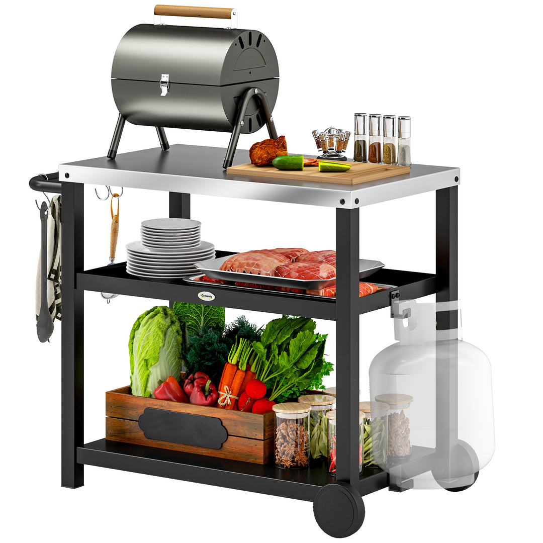 Outdoor Grill Dining Cart 3-Shelf Movable Pizza Oven Table Stand with Stainless Steel Top, Portable BBQ Trolley Food Prep Outdoor Kitchen BBQ Station with Hooks Wheels Handle, Charcoal Grey
