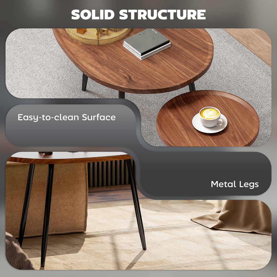 Nesting Coffee Table Set of 2, 80cm Modern Stacking End Side Table with Metal Legs for Living Room Bedroom Office, Chestnut Wood Effect