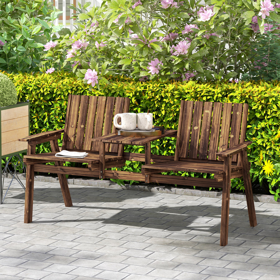 2-Seater Garden Bench with Table & Parasol Hole, Antique Loveseat for Porch, Patio, Carbonised Finish