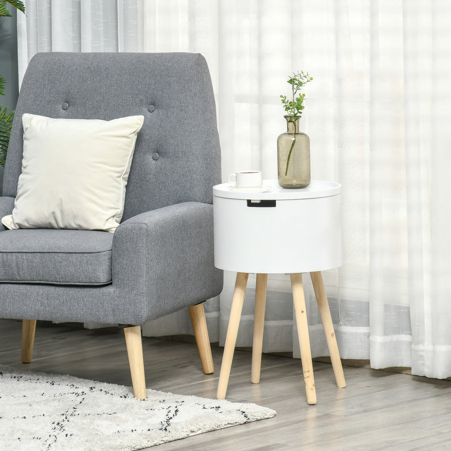 Modern Side Table with Hidden Storage Space, Round Night Stand with Removable Tray Wood Frame End Coffee Table for Living Room, White