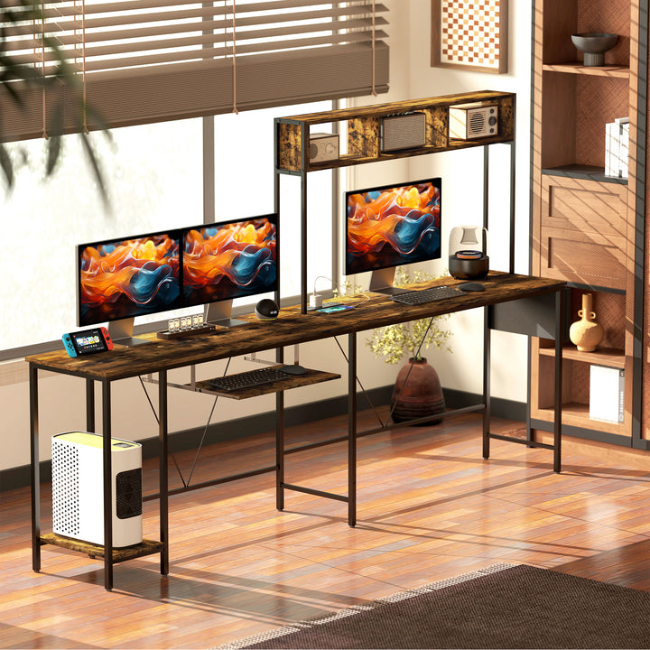 160cm Reversible L Shaped Desk with Power Outlet, Industrial Corner Desk with Storage Shelves and Keyboard Tray, 240cm Long Computer Desk for 2 Person, Rustic Brown