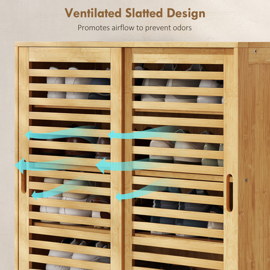 Bamboo Shoe Cabinet with 2 Sliding Slat Doors, 16Pairs, Adjustable She