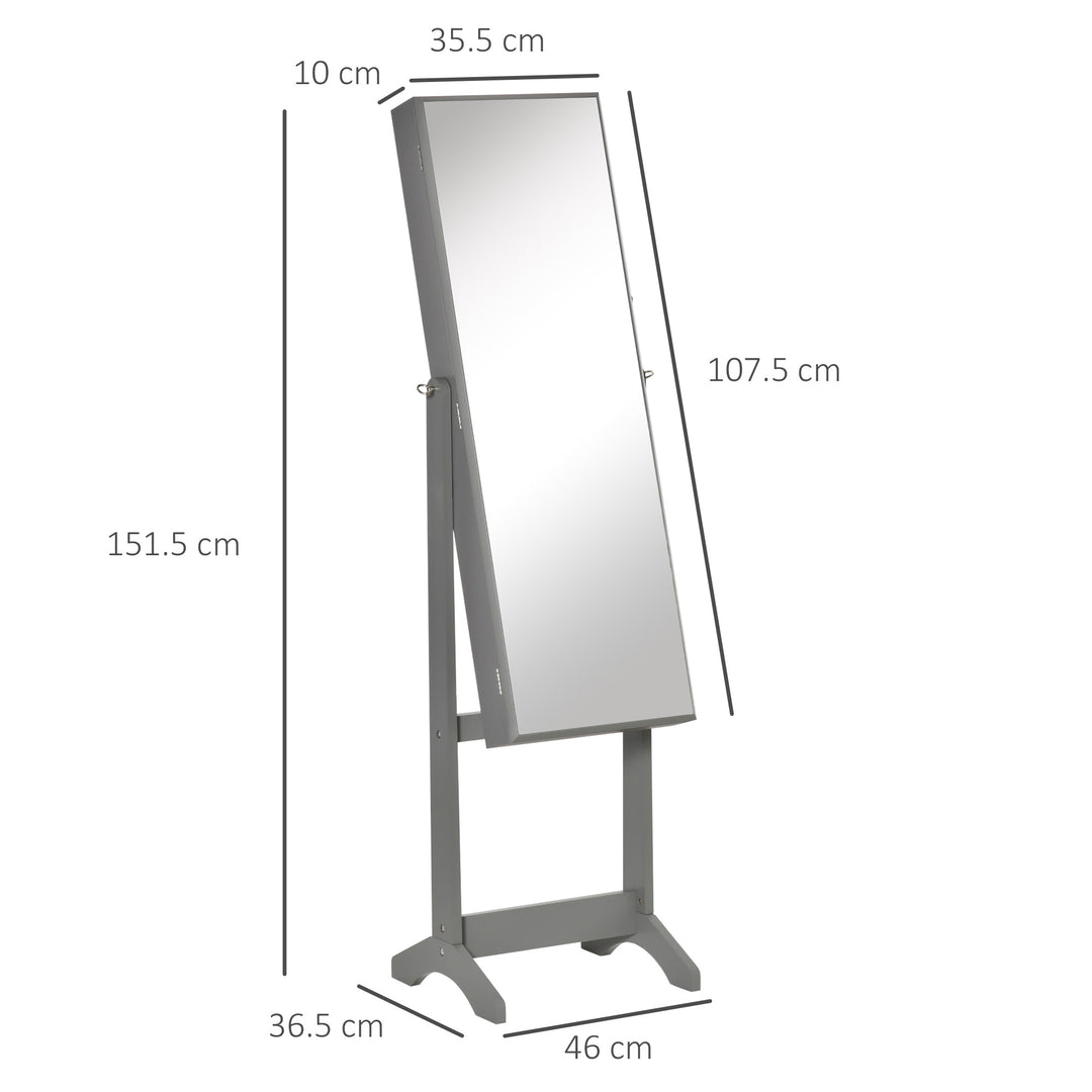 Full Length Mirror with Storage, Jewellery Cabinet with Mirror, Adjustable Angle and Stand, Lockable Jewellery Organiser for Bedroom Dressing Room, Grey