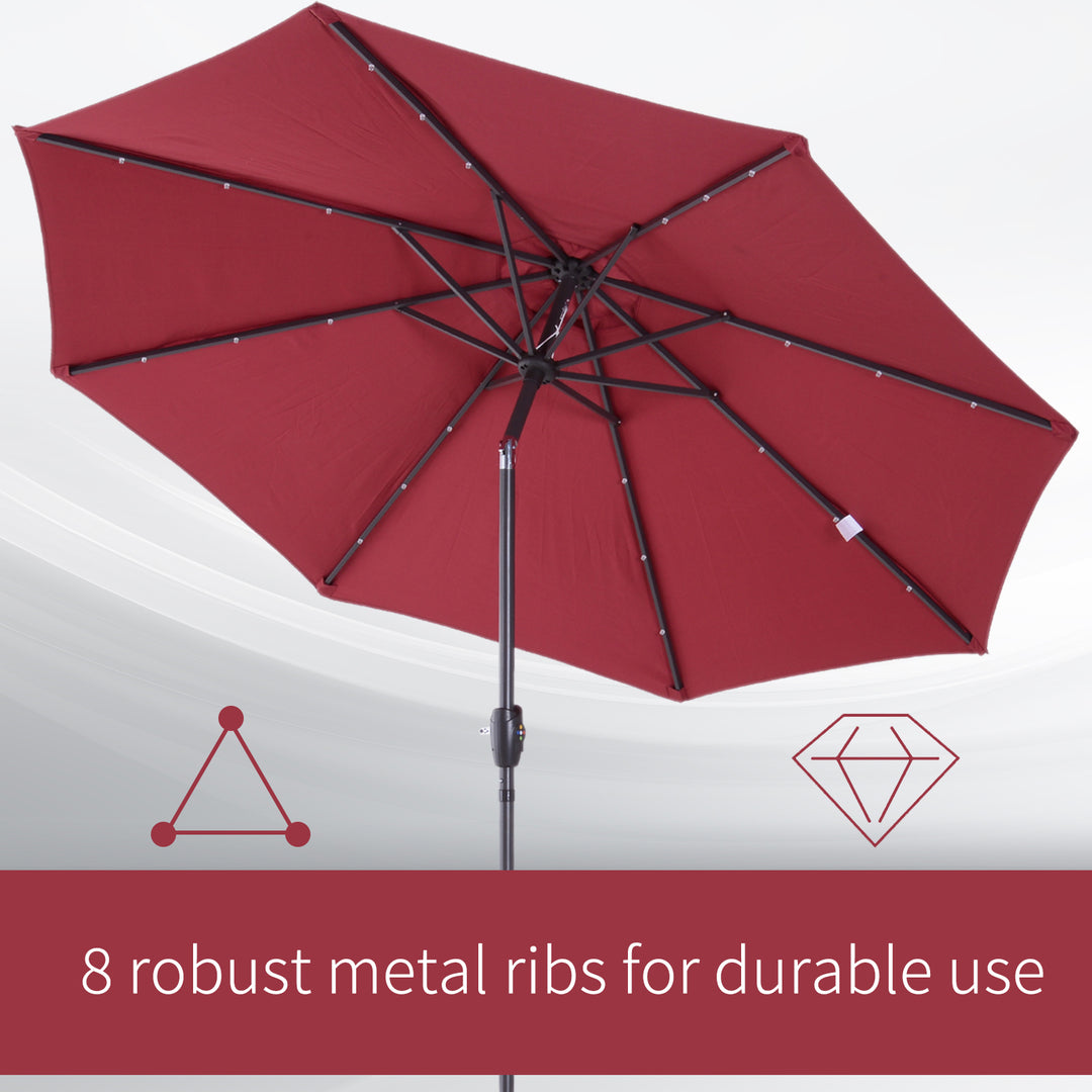 Φ2.7m Garden 24 LED Light Parasol Solar Outdoor Tilt Sun Umbrella Patio Club Party Event Manual Sun Shade w/ Hand Crank and 8 Ribs, Red
