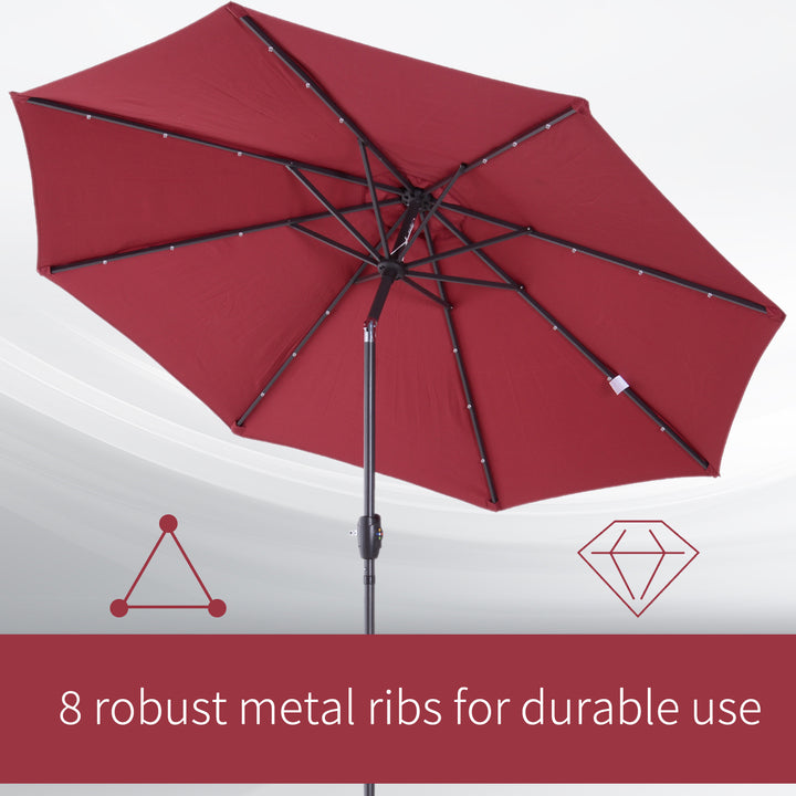 Φ2.7m Garden 24 LED Light Parasol Solar Outdoor Tilt Sun Umbrella Patio Club Party Event Manual Sun Shade w/ Hand Crank and 8 Ribs, Red