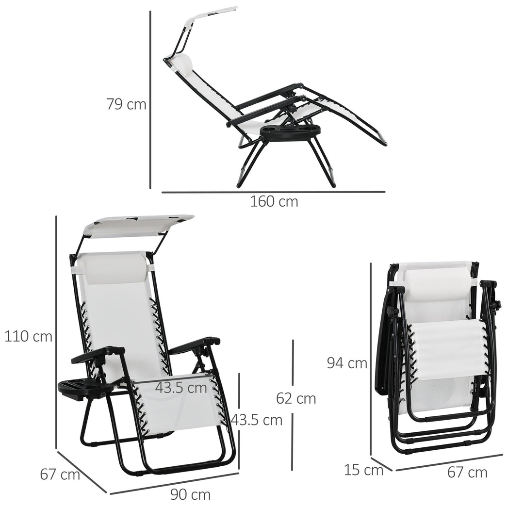 Zero Gravity Garden Folding Patio Sun Lounger w/Cup Holder & Canopy Shade White