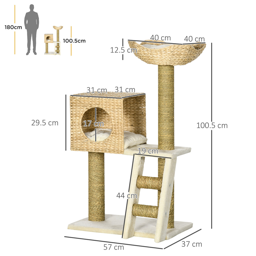 PawHut Cat Tree Tower, Indoor Activity Centre with Scratching Posts, House, Bed, Ladder, and Washable Cushions, Natural Finish