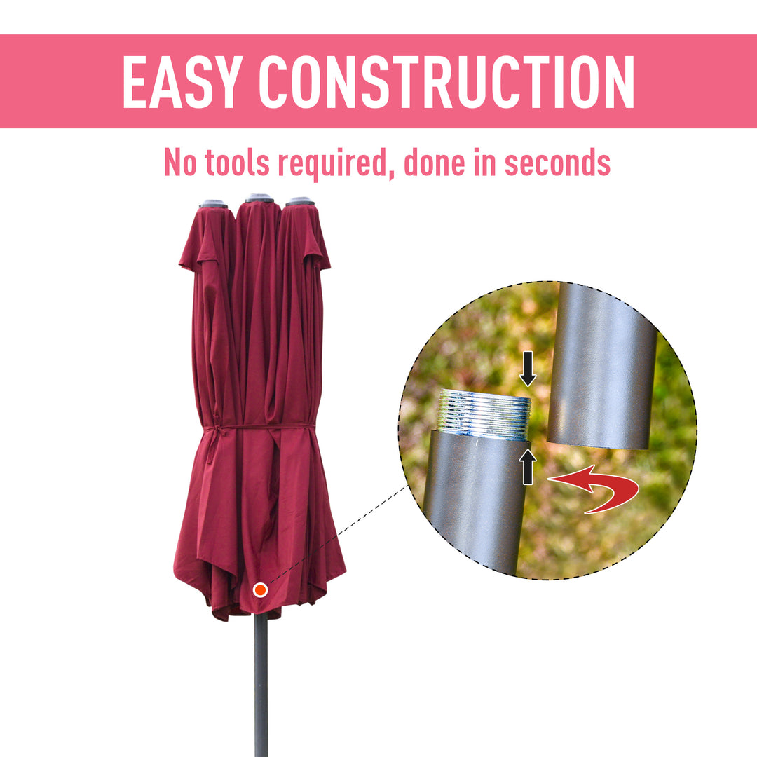 4.6M Sun Umbrella Canopy Double-sided Crank Sun Shade w/ Cross Base Wine Red