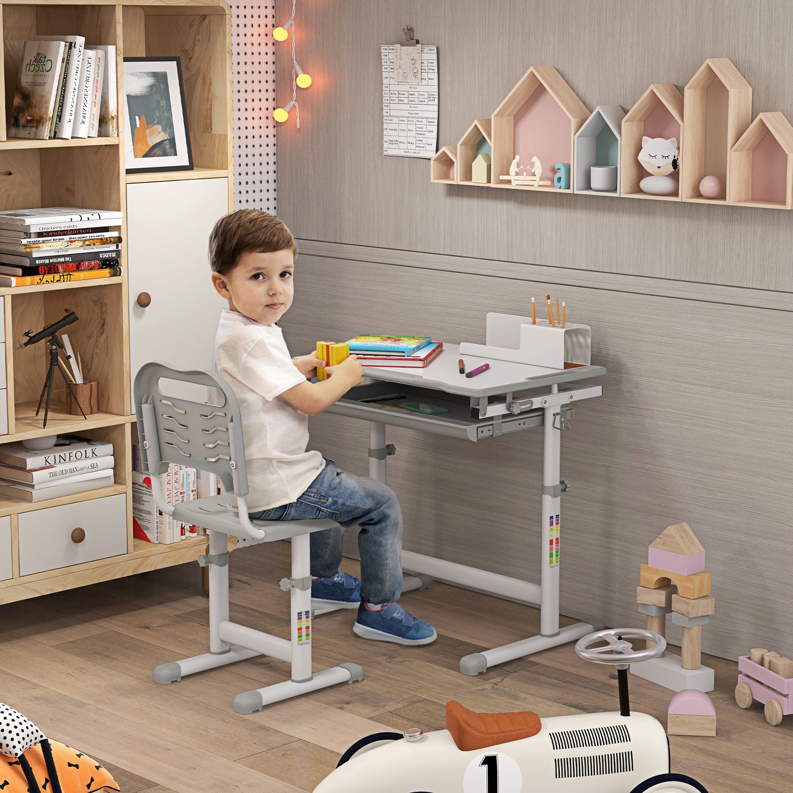 Kids Desk and Chair Set, Student Adjustable Writing Desk, with Drawer, Pen Slot, Hook - Grey