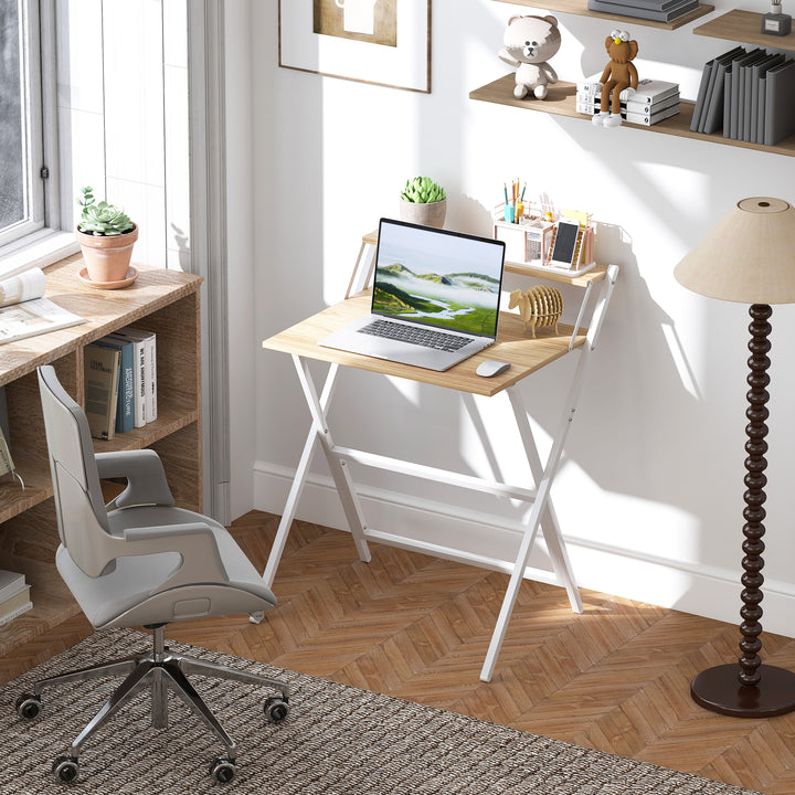 70 cm Folding Computer Desk with Monitor Shelf - Natural Wood Finish