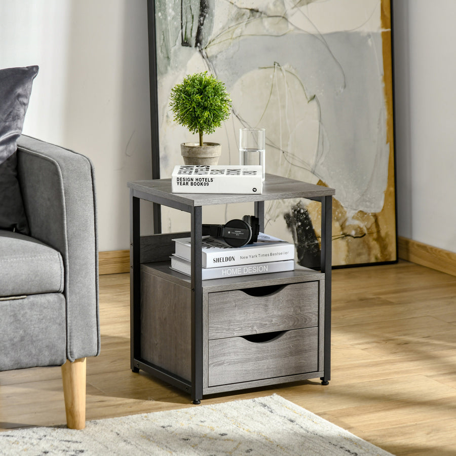 Industrial Side Table with Drawer, Sofa Table, Bedside Cabinet with Storage Shelf, Slim Nightstand for Living Room, Bedroom, Grey