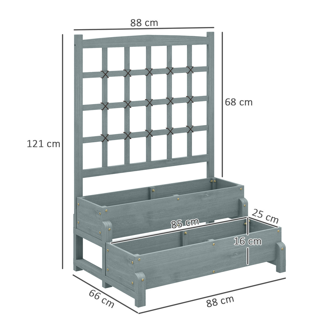 2-Tier Raised Garden Bed with Trellis, Wooden Elevated Planter Box with Drainage Holes, Outdoor Raised Planter for Climbing Plants, Fruits, Vegetables, Flowers, Grey