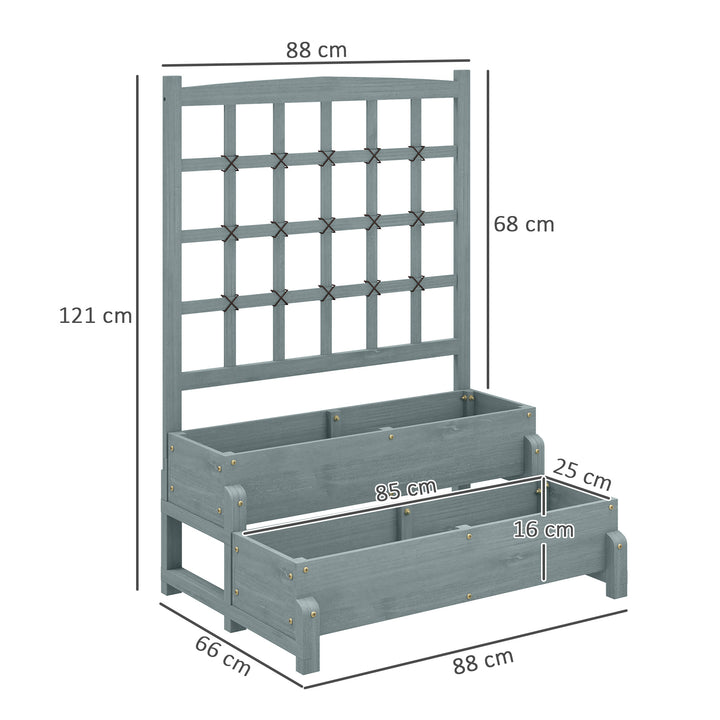 2-Tier Raised Garden Bed with Trellis, Wooden Elevated Planter Box with Drainage Holes, Outdoor Raised Planter for Climbing Plants, Fruits, Vegetables, Flowers, Grey