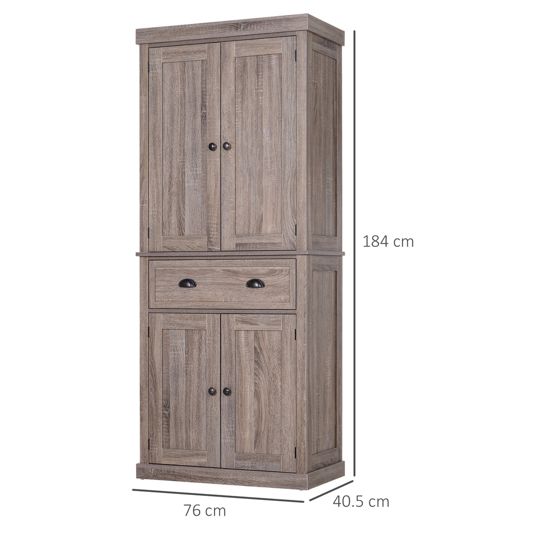 Freestanding Kitchen Cupboard, 184cm Tall Storage Cabinet with Doors and Shelves, Traditional Colonial 4-Door Kitchen Pantry Cupboard with Drawer, Dark Wood Grain