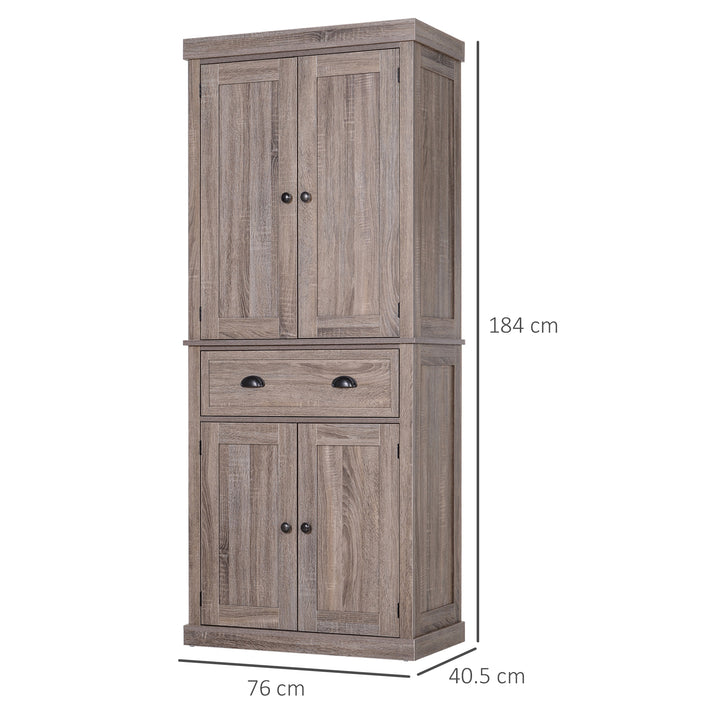 Freestanding Kitchen Cupboard, 184cm Tall Storage Cabinet with Doors and Shelves, Traditional Colonial 4-Door Kitchen Pantry Cupboard with Drawer, Dark Wood Grain