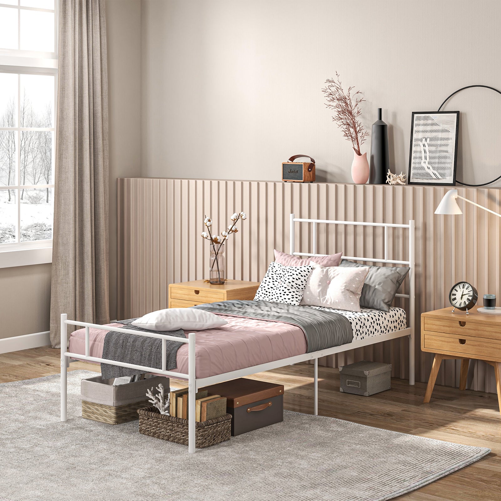 Single Bed Frame, Metal Bed Base with Headboard and Footboard, Metal Slat Support and 31cm Underbed Storage Space