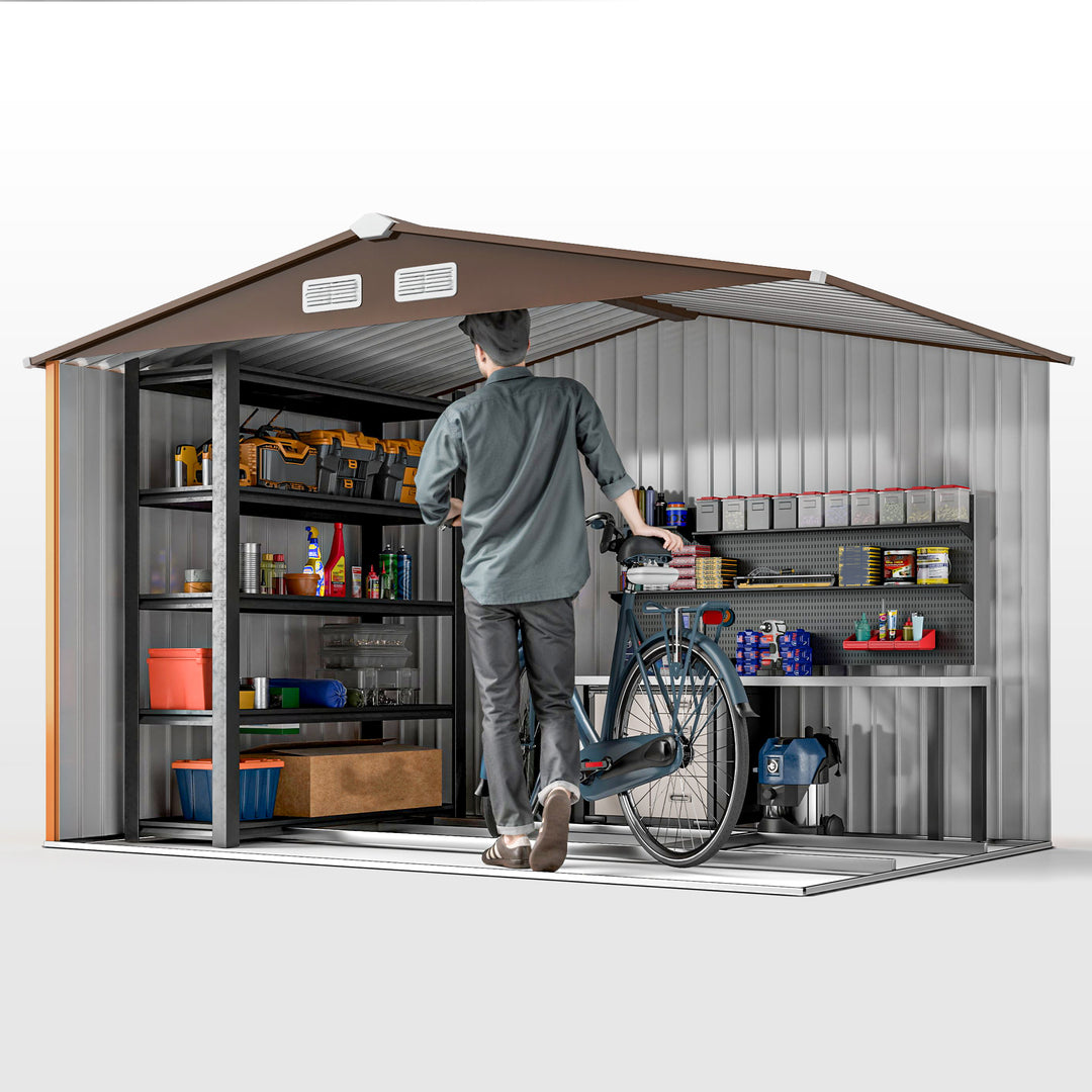9 x 6ft Metal Garden Shed, Outdoor Storage Tool House with Ventilation Slots, Foundation Kit and Lockable Double Doors, Light Brown