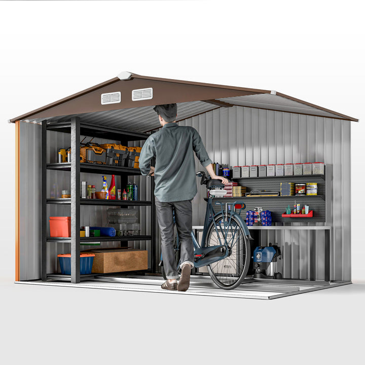 9 x 6ft Metal Garden Shed, Outdoor Storage Tool House with Ventilation Slots, Foundation Kit and Lockable Double Doors, Light Brown