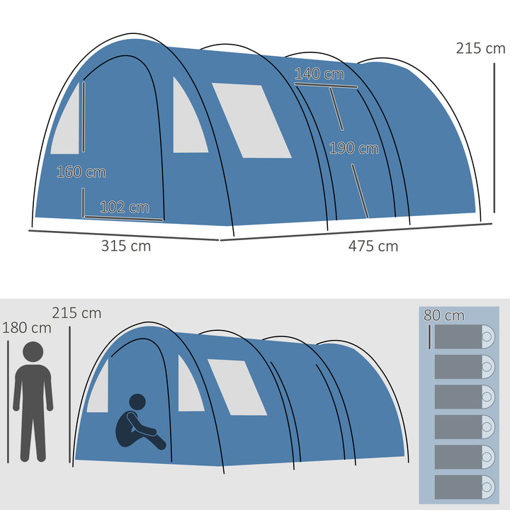 5-6 Man Camping Tent with 2 Room, Floor and Carry Bag - Blue
