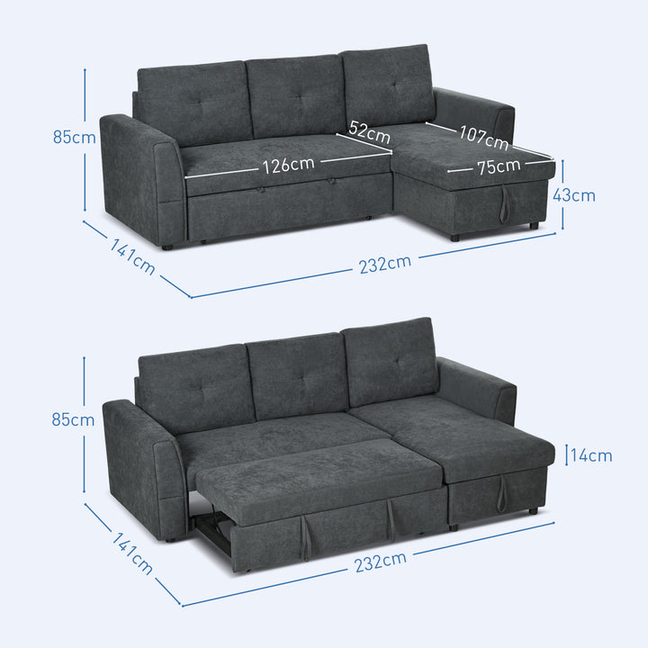 HOMCOM 3 Seater Sofa Bed, L-Shaped Corner Sofa, Pull Out Sofa with Storage, Convertible Click Clack Settee Sectional Sleeper Futon for Living Room, Office, Dark Grey