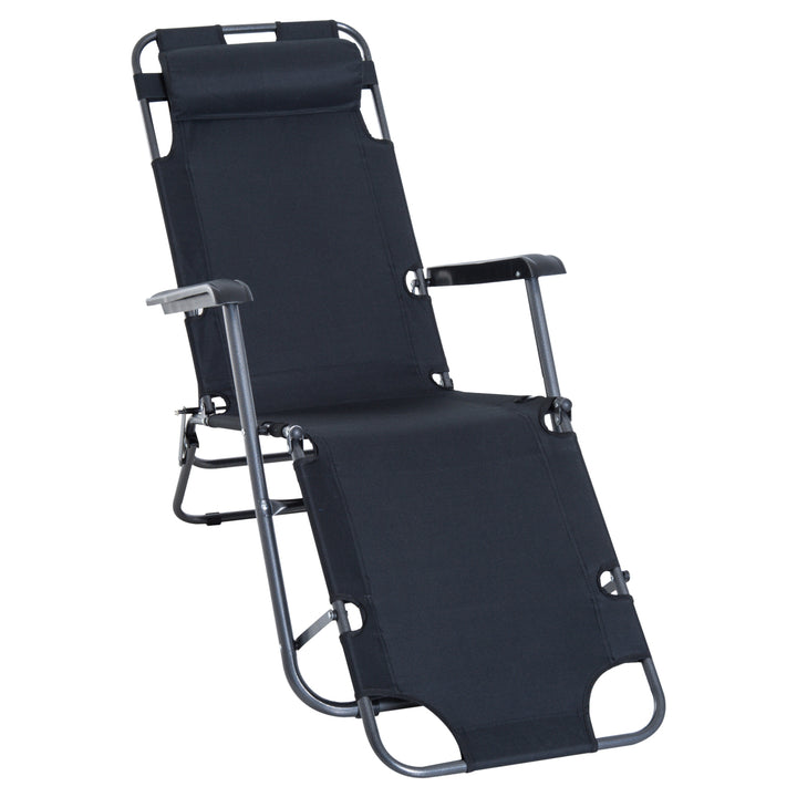 Outsunny Folding Reclining Sun Lounger, 2 in 1 Garden Chair with Adjustable Back & Pillow, Black